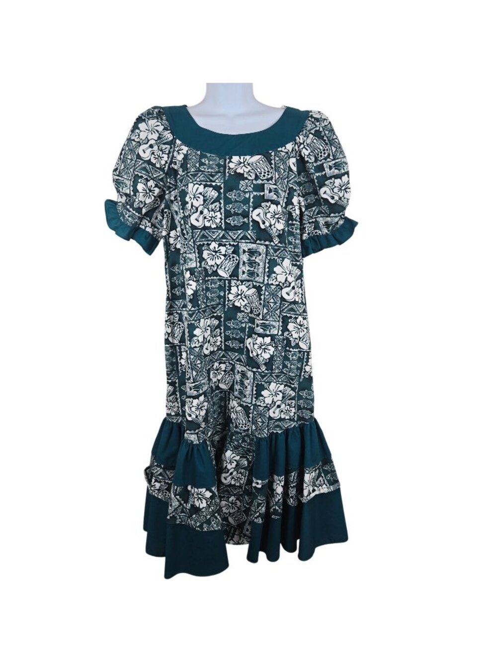 Vintage Hawaiian Floral Dress Teal Blue White Puff Sleeve Ruffle Hem MuuMuu Size